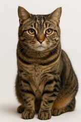 Brown Tabby Cat Sitting with Direct Stare on Plain Background