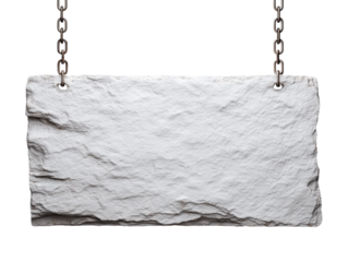 White stone slab sign hanging from metal chains on transparent background