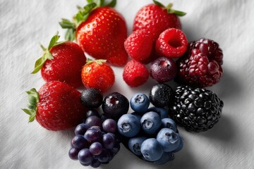 Obraz premium A colorful assortment of fresh mixed berries on a white background, including strawberries, blueberries, raspberries, blackberries and grapes, a healthy and delicious treat.