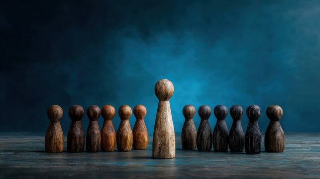 This artistic image features wooden figures, emphasizing a central standout figure against a backdrop of darker ones, symbolizing individuality and leadership amidst conformity.