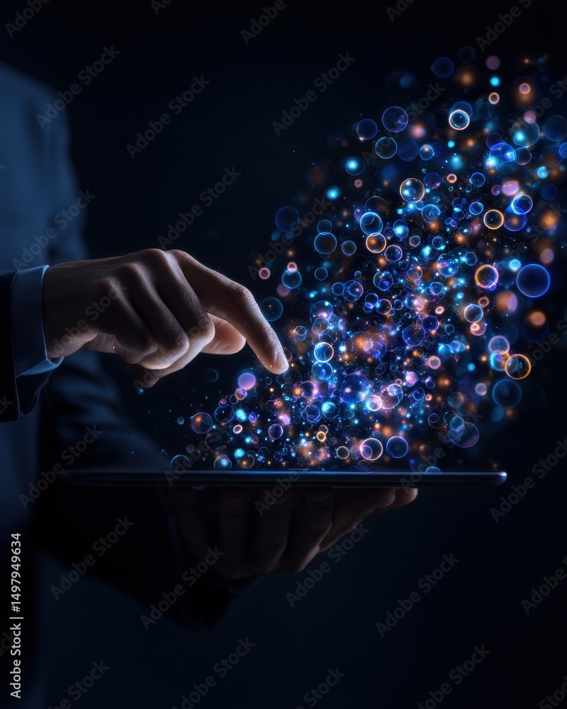 Poster a hand reaches out to a tablet, igniting a dazzling display of colorful orbs and lights, symbolizing