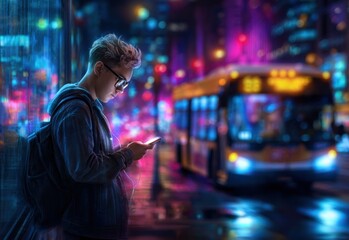 Fototapeta premium A young person immersed in their phone amidst a vibrant, neon-lit cityscape.