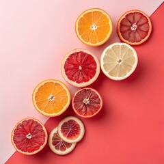 Obraz premium A vibrant and colorful collection of sliced citrus fruits artfully arranged against a background of contrasting pink and red hues, evoking freshness, health.