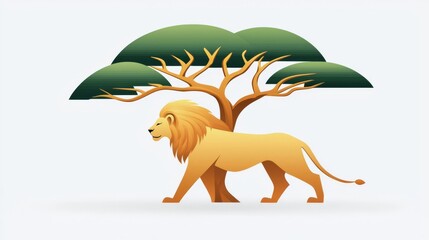 A majestic lion walking gracefully under a leafy tree, representing strength and nature's beauty.