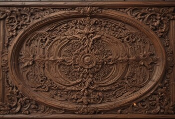 Weathered wood panel, intricate carvings, natural wood tones, timber, shabby