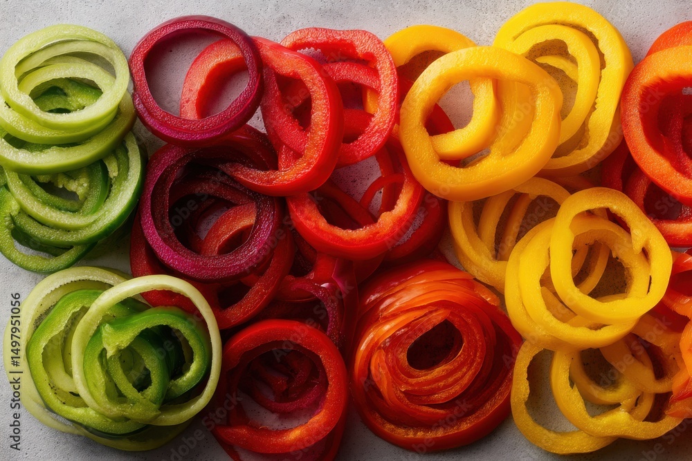 Poster a colorful array of sliced bell peppers, creating a vibrant and appetizing display, perfect for show