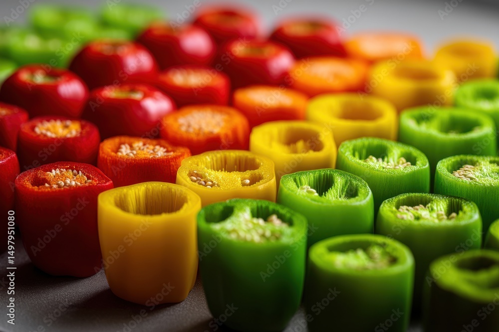 Poster a vibrant array of colorful bell pepper slices, arranged in a visually appealing gradient pattern, s