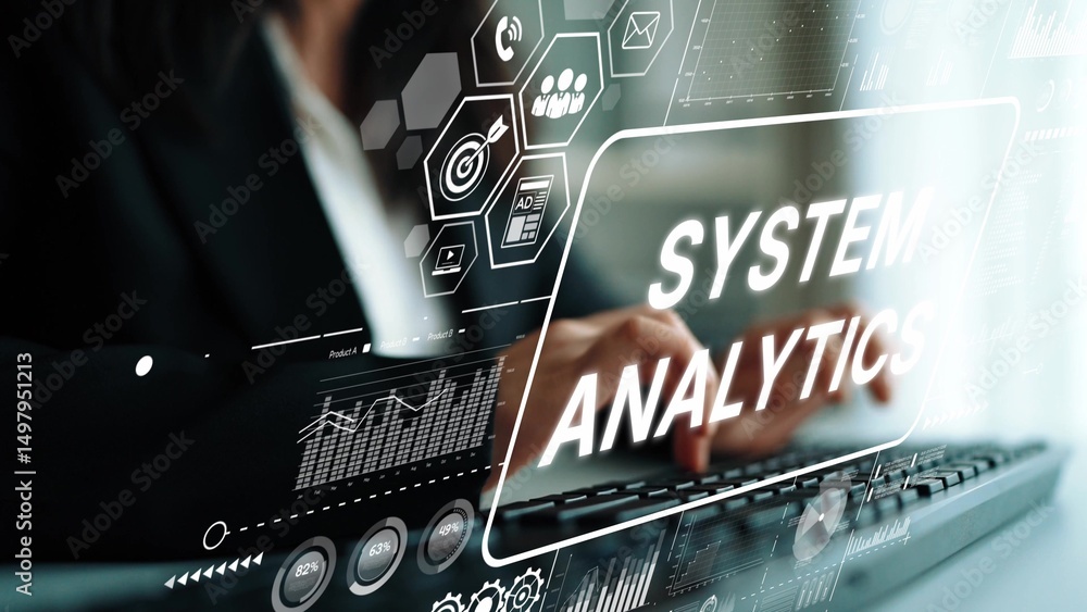 Poster Business Professional Engaged in System Analytics with Digital Data Visualizations and Technology Interface Background. Asymptotic smart data analytic.