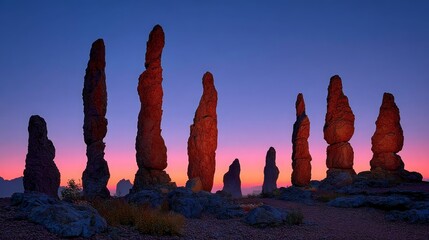 Sunset illuminates ancient rock formations desert landscape