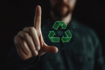 A person's hand hovers over a digital recycling symbol.  The symbol is a glowing, green, triangular recycling icon, composed of small, interconnected, pixelated lines, against a dark background