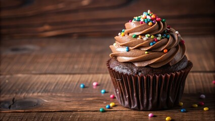 A single chocolate cupcake adorned with swirls of rich chocolate frosting and colorful sprinkles, resting on a rustic wooden surface.
