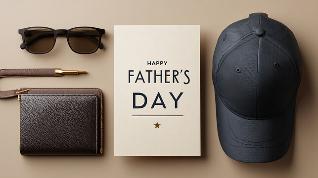 Top-down vector illustration of a Father's Day flat lay with a black sunglasses case, navy cap, and Happy Father's Day card in elegant white script, ideal for gifts.