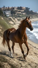 Obraz premium Chestnut horse canters down sandy coastal dune towards ocean, buildings blurred in background