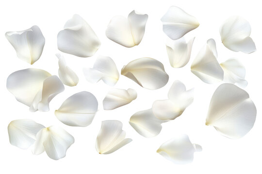 Scattered white rose petals on a black background creating a delicate and elegant composition visual