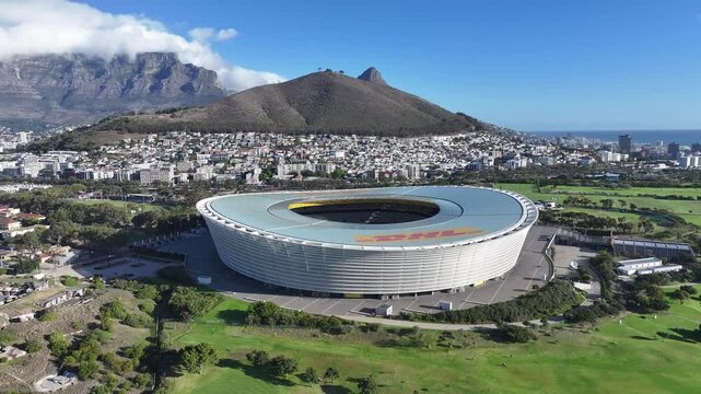 Dhl Stadium In Cape Town Western Cape South Africa. City Skyline Showing Modern And Traditional Architecture. Business Sky Background Downtown Cityscape. Outdoors Downtown Up Above.