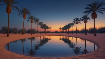 Obraz premium Tranquil desert landscape featuring a mirrored water reflection under a glowing moon