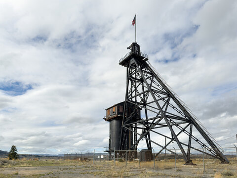 Butte, MT, USA - May 6, 2025; Travona Mine headframe rising on the Richest Hill on Earth in Butte Montana