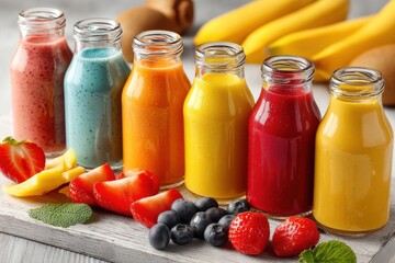 Colorful fruit smoothies in glass bottles, showcasing a variety of vibrant fruit blends that are ideal for healthy living and dieting, perfect for a summer refreshment.