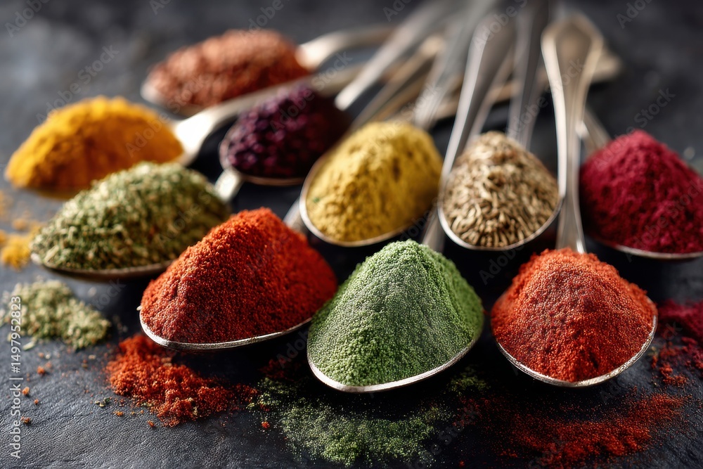 Aufkleber a vibrant assortment of colorful spices presented on spoons, creating an aromatic and visually appea