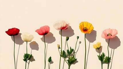 Fototapeta premium Elegant Illustrations of Colorful Poppy Flowers on Neutral Background