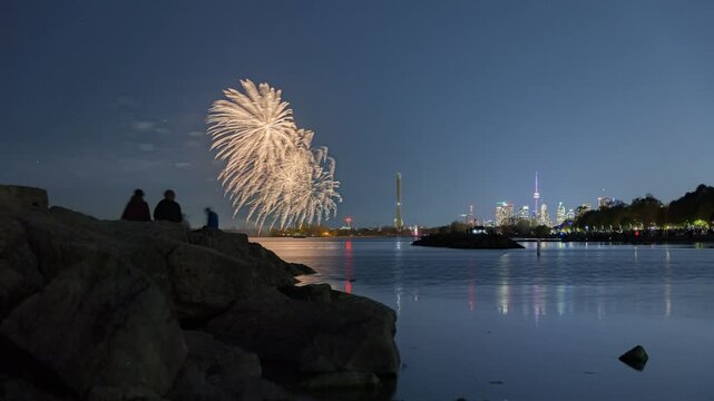 Time lapse of a brilliant fireworks show over the Toronto skyline. Victoria Day display over Ashbridges Park