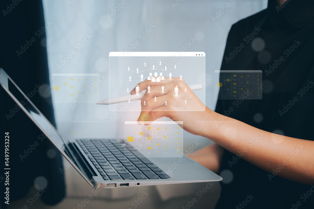 Poster person using laptop to analyze data and visualize digital network connection with virtual people ico