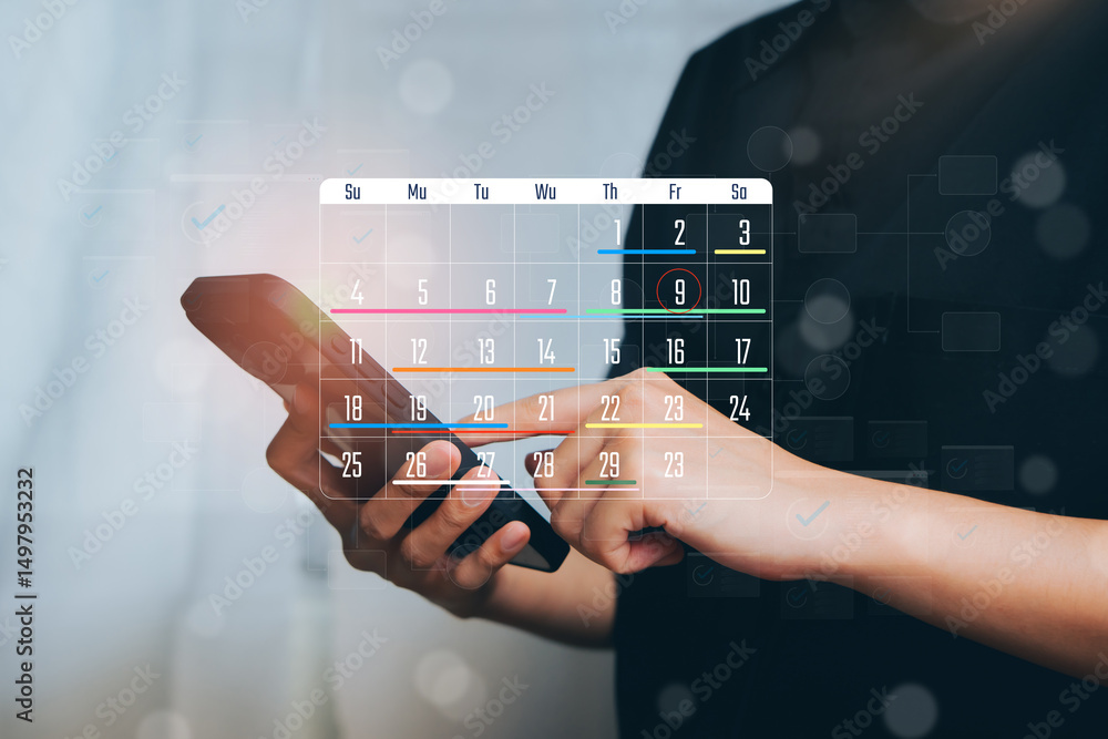 Poster person using mobile device to manage calendar with digital interface and data visualization