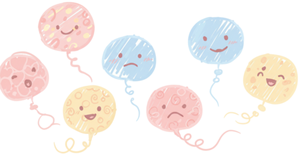 Colorful balloons with quirky hand drawn faces showing a range of emotions against a black on transparent background