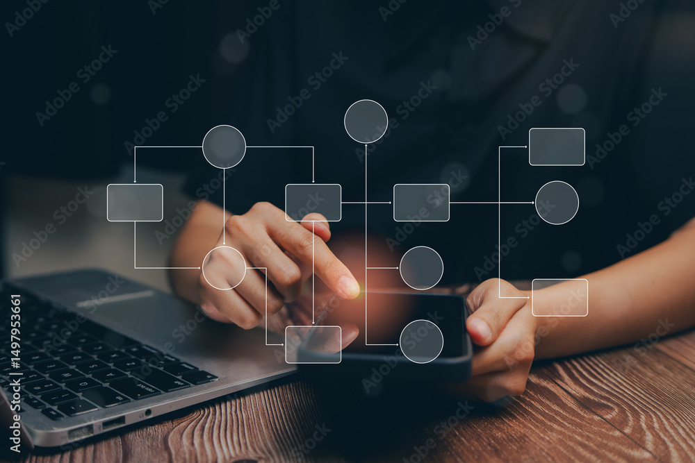 Aufkleber person using mobile device with flowchart overlay on desk next to laptop for business planning or pr