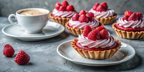 A delicate arrangement of raspberry tarts with a touch of whipped cream and a cup of coffee on the side, offering a delightful treat for any occasion.