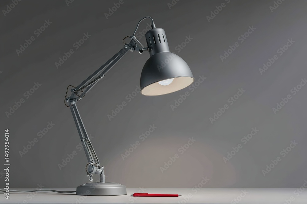 Poster table lamp on a minimalist desk in a modern workspace setting during daylight hours