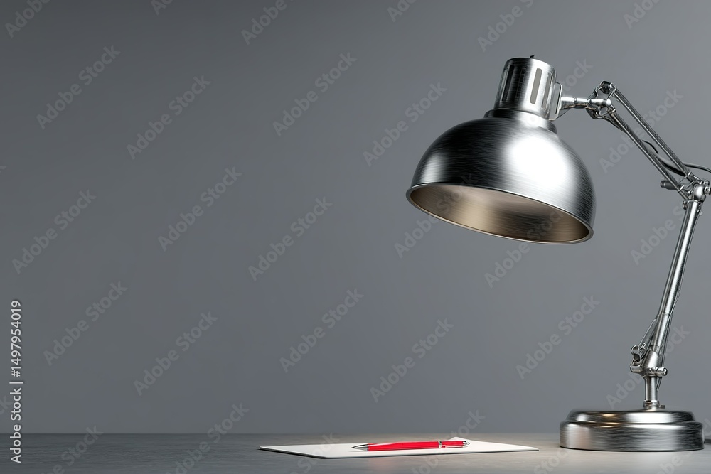 Poster desk setup featuring metallic lamp illuminating a blank sheet of paper with a red pen in a minimalis
