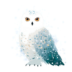 Obraz premium A stylized snowy owl stands against a whimsical winter backdrop, a mix of delicate snowflakes and icy hues.