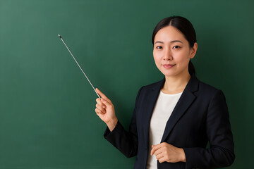 Stock photo of asian teacher with pointer in classroom for education use on transperant baground 