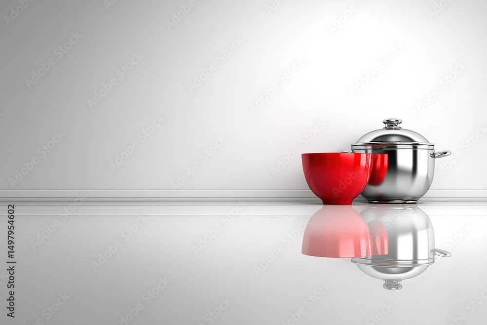 Poster silver pot and red bowl placed on a glossy surface with reflection and minimalistic background