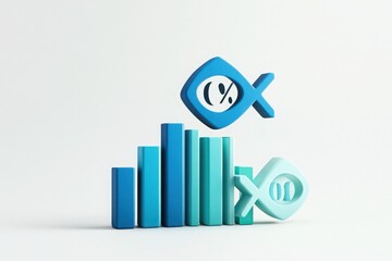 3d render of blue fish icons and bar graph showing percentage growth