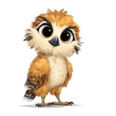 Fototapeta premium A charming cartoon owl with fluffy feathers and big, expressive eyes stands against a clean, white backdrop.