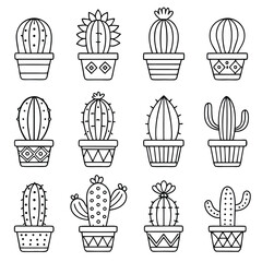 Twelve Cute Cactus Plants in Pots Line Art Illustrations