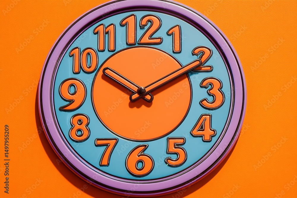 Poster bright and colorful wall clock displaying time in a contemporary setting with a vibrant orange backg
