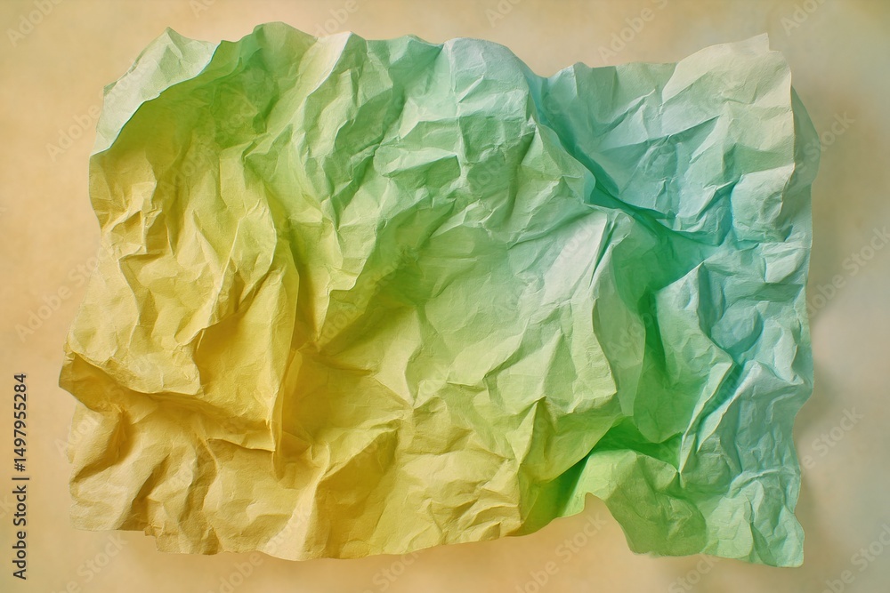 Poster colorful crumpled paper texture in shades of green and yellow with soft lighting creating an abstrac