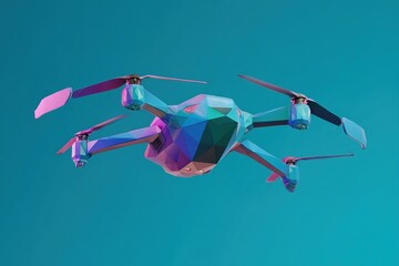 Advanced drone in vibrant colors flying against a bright blue background during a serene moment
