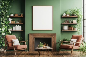 Cozy living room with fireplace and green walls mockup