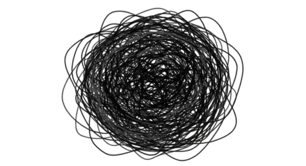 A chaotic vortex of intertwined black wires symbolizing complexity and abstract art on a dark on transparent background