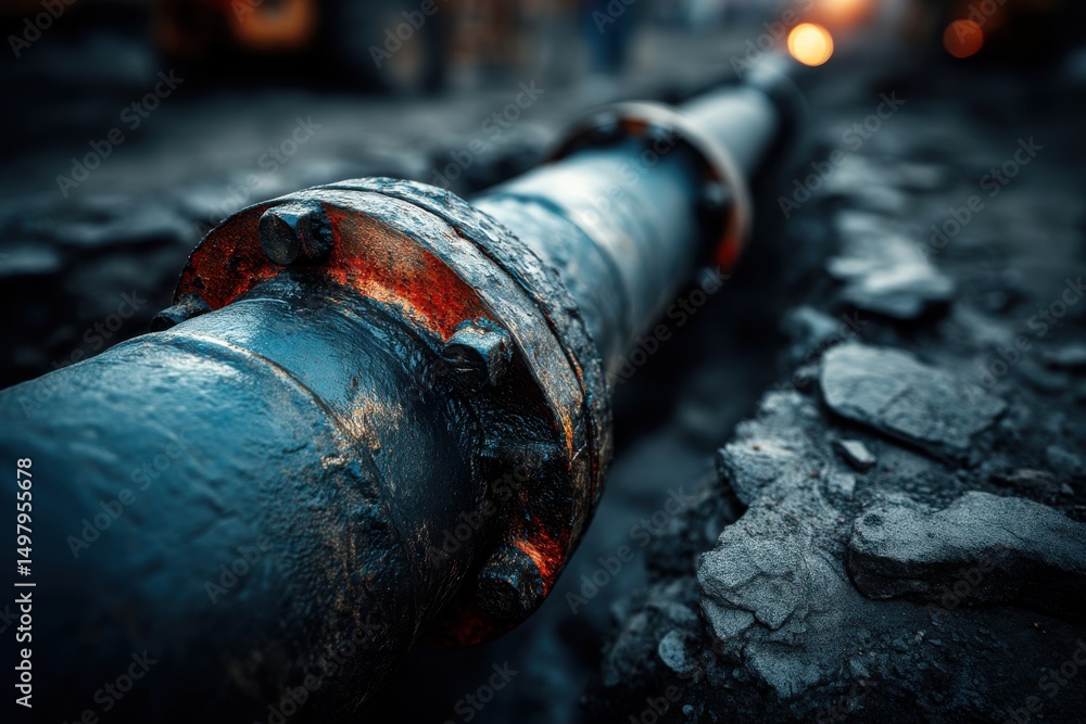 Poster close up view of a rusty pipeline construction lying on the ground during construction process, inst