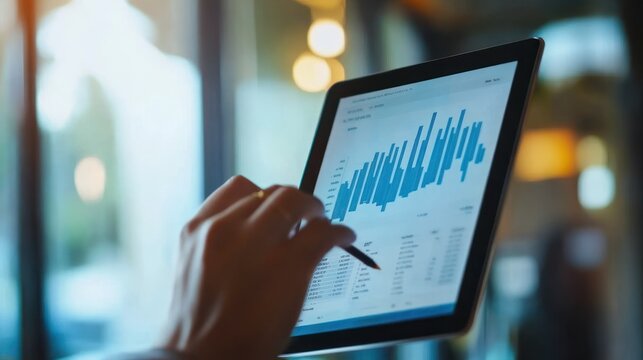 Close-up of a hand using a stylus on a tablet displaying charts and data.