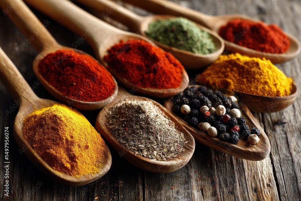 Poster a colorful array of spices in wooden spoons arranged on rustic wooden surface, creating an inviting 