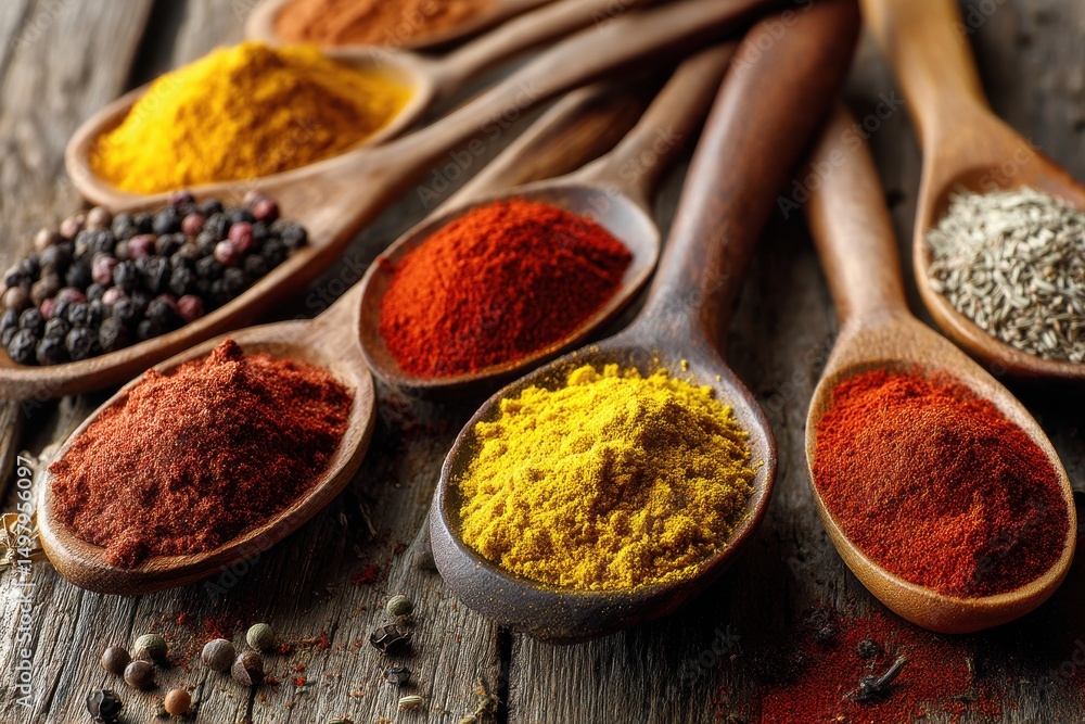 Aufkleber a colorful array of spices arranged on wooden spoons displayed on a rustic table, featuring turmeric
