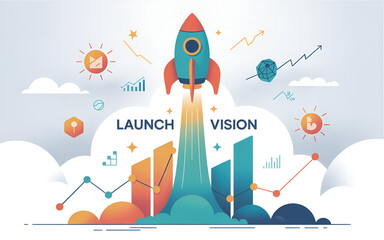 Creative startup concept illustration with rocket launch, graphs, and idea icons, vibrant color palette, flat vector style, no humans