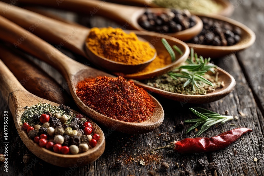 Poster a captivating close-up of various colorful spices in wooden spoons, creating a visually appealing co