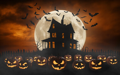 Spooky Halloween background with pumpkins, bats, full moon, haunted house silhouette, dark orange and black theme, no characters